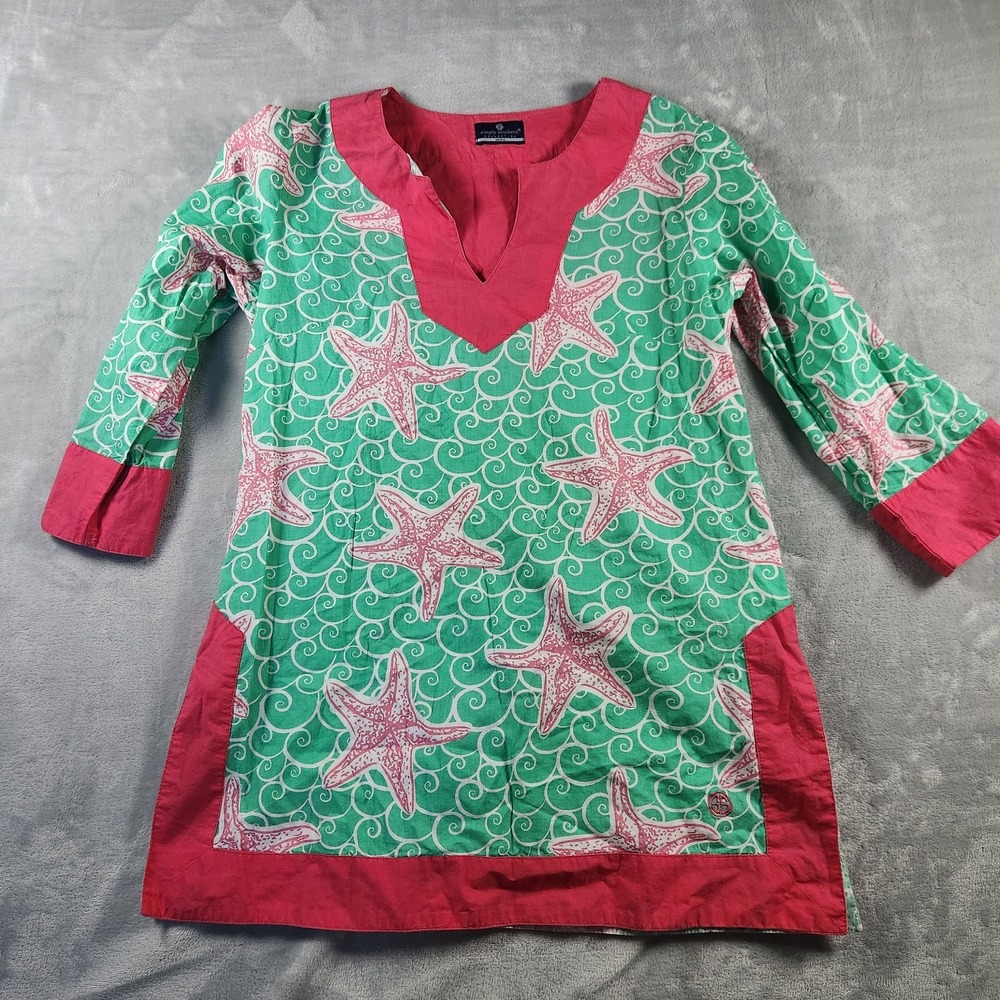 Simply Southern Womens Green Star Fish Print 3/4 Sleeves Tunic Top Size Small